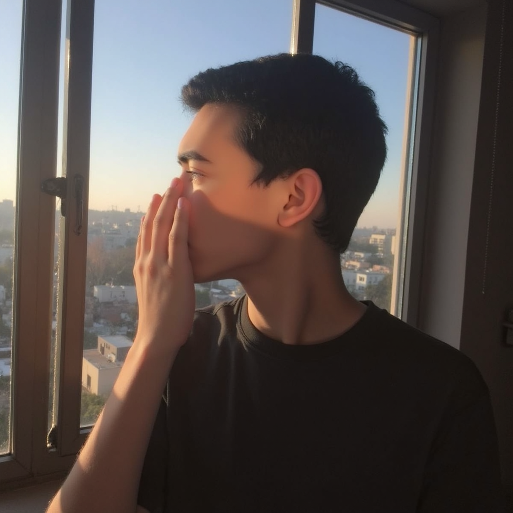 A young man stands by a window, half of his face in the sun and the other half in the shade, looking at the sun and covering part of his face with his hand