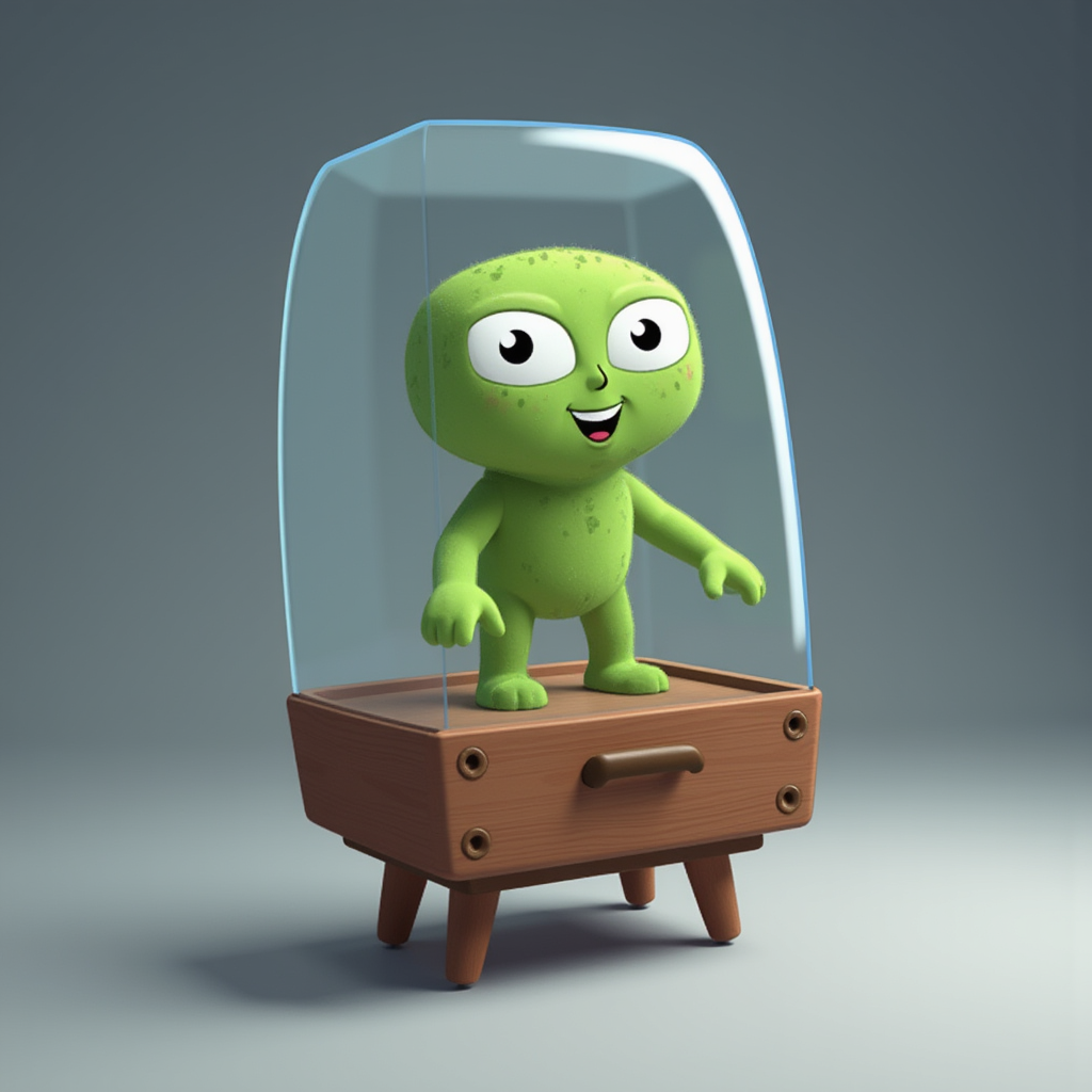 A low rectangle character with both cartoon eyes and face and a glass box with a miniature alien controlling it while being inside of it