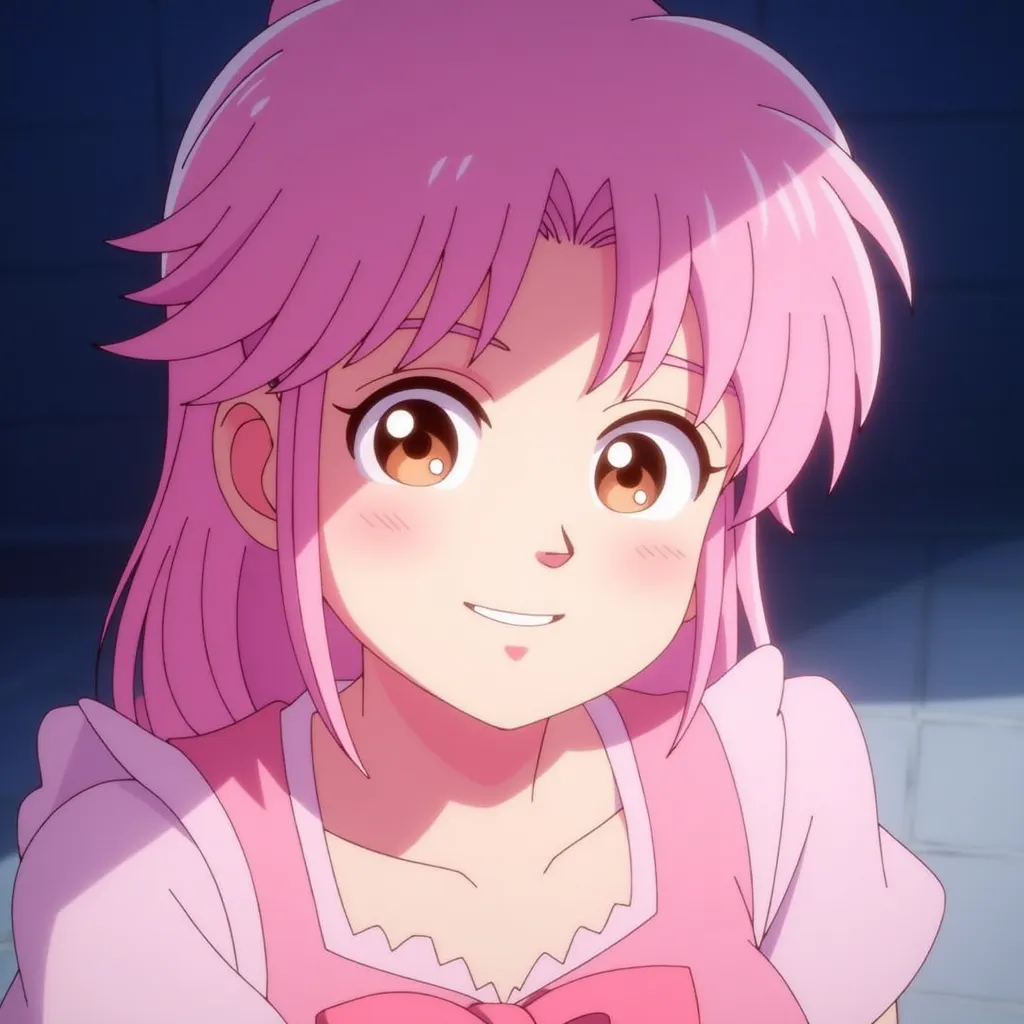 An anime style illustration of a girl with pink hair and bright orange-brown eyes. She has a cheerful expression, blushing cheeks, and is wearing a pink, ruffled dress with bows. The background is a mix of dark blue, creating a contrast with her vibrant hair and clothes. The lighting casts gentle touches, enhancing the liveliness of her features.