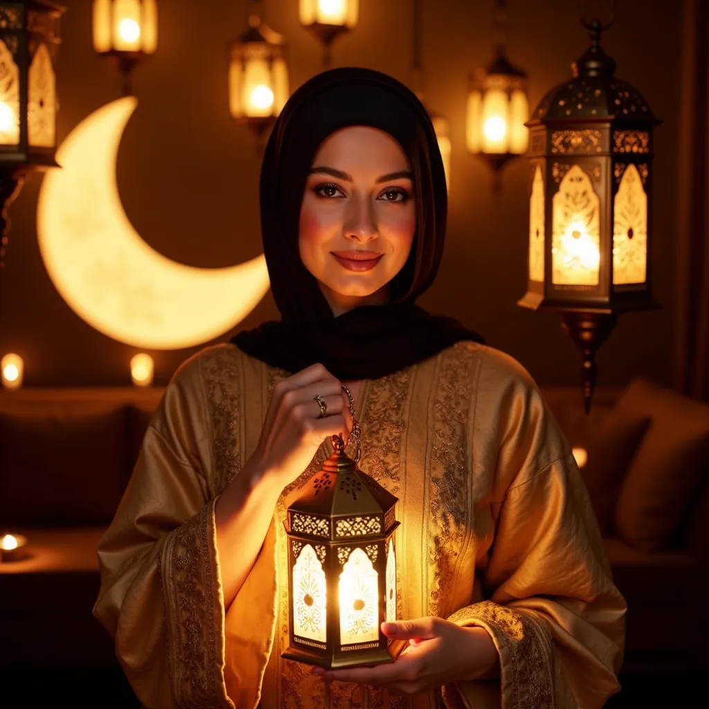 Ultra-realistic, 8K image of a 28-year-old white woman with sharp, well-defined features, holding a glowing Ramadan lantern. He wears a refined modern-traditional outfit with rich textures and intricate details. Behind him, a beautifully designed crescent moon glows softly, surrounded by elegant hanging lanterns and warm candlelight. The ambient lighting enhances depth, casting soft cinematic shadows, creating a serene, spiritual, and festive Ramadan atmosphere make the woman so real wearing arabic clothes