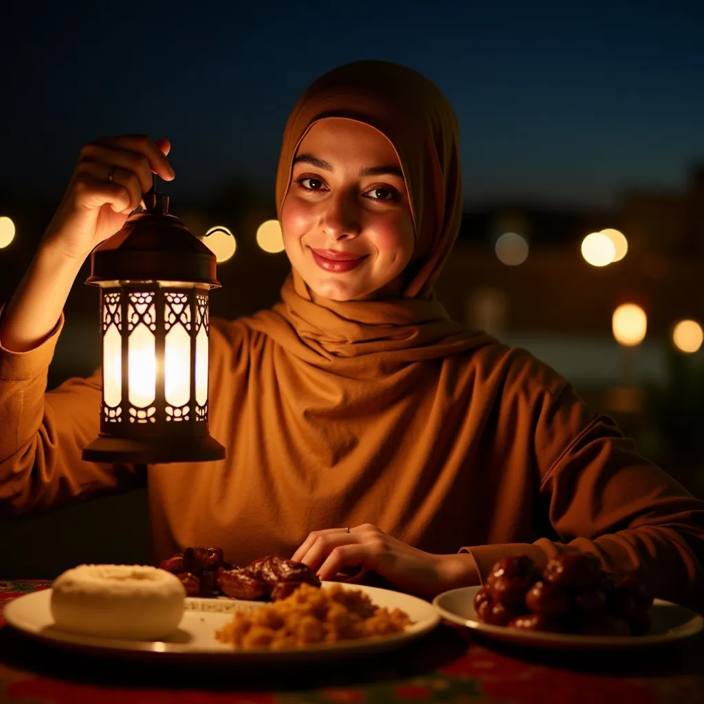 A close-up, realistic picture of a 28-year-old girl wearing a hijab, holding a lit Ramadan lantern and smiling. In front of her is breakfast and dates at night, and behind him are small lit lanterns.