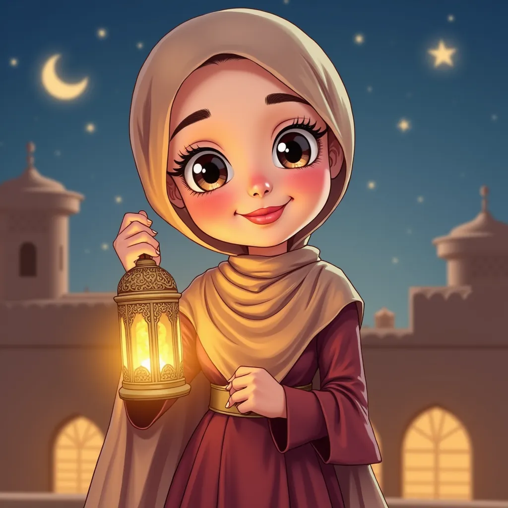 The picture is centered on a cartoon character that appears as a girl wearing a hijab. She is of Middle Eastern/South Asian descent and appears to be in her late teens or early twenties. She has a friendly, smiling expression. He's wearing a cloak. Her body is proportioned and stylized in a cartoon way She holds a Ramadan lantern in her hand