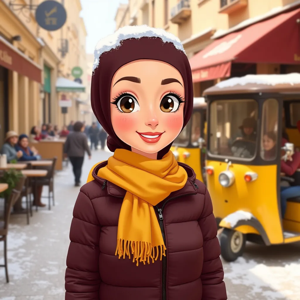 The image shows a light-skinned, middle-aged cartoon girl, from mid-chest up. She wears a dark brown headscarf with snow on her head. She wears a warm yellow scarf wrapped around her neck. She wears a dark burgundy padded jacket. Her facial expression is cheerful, with a wide smile and bright eyes. She stands on a city street, with a few yellow rickshaws parked in the background. Restaurant tables and people enjoying drinks can be seen in the distance. Snow is visible on the ground, and the atmosphere outside suggests a winter day. The lighting is warm and bright, highlighting her face and the surroundings. The style is cartoonish or animated, with exaggerated features and smooth shading. She is in the center of the frame, looking directly at the viewer. The composition is informal and focused on a single figure. In the background are some unidentifiable figures at tables in a cafe, adding depth and context to the scene. The colors are bright and cheerful, with warm tones predominating