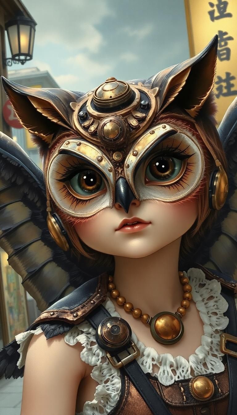 Steampunk owl fairy girl, cute-fine-face, reflecting shiny pupils, pretty face, big eyes, mecha wings and body parts, rrealistic shaded Perfect face, fine details. realistic shaded lighting by mark ryden tom bagshaw gustave dore and junji ito, IAMAG premiere, aaaa achievement collection, elegant, fabulous, japanese background japanese street scene detailed painting by Leonardo Da Vinci and Norman Rockwell, hyperdetailed drawing by Gustave Doré, Alan Lee, impossibly intricate filigree line art, epic hyperdetailed line by Andrew Loomis and Burne Hogarth, Ray Caesar