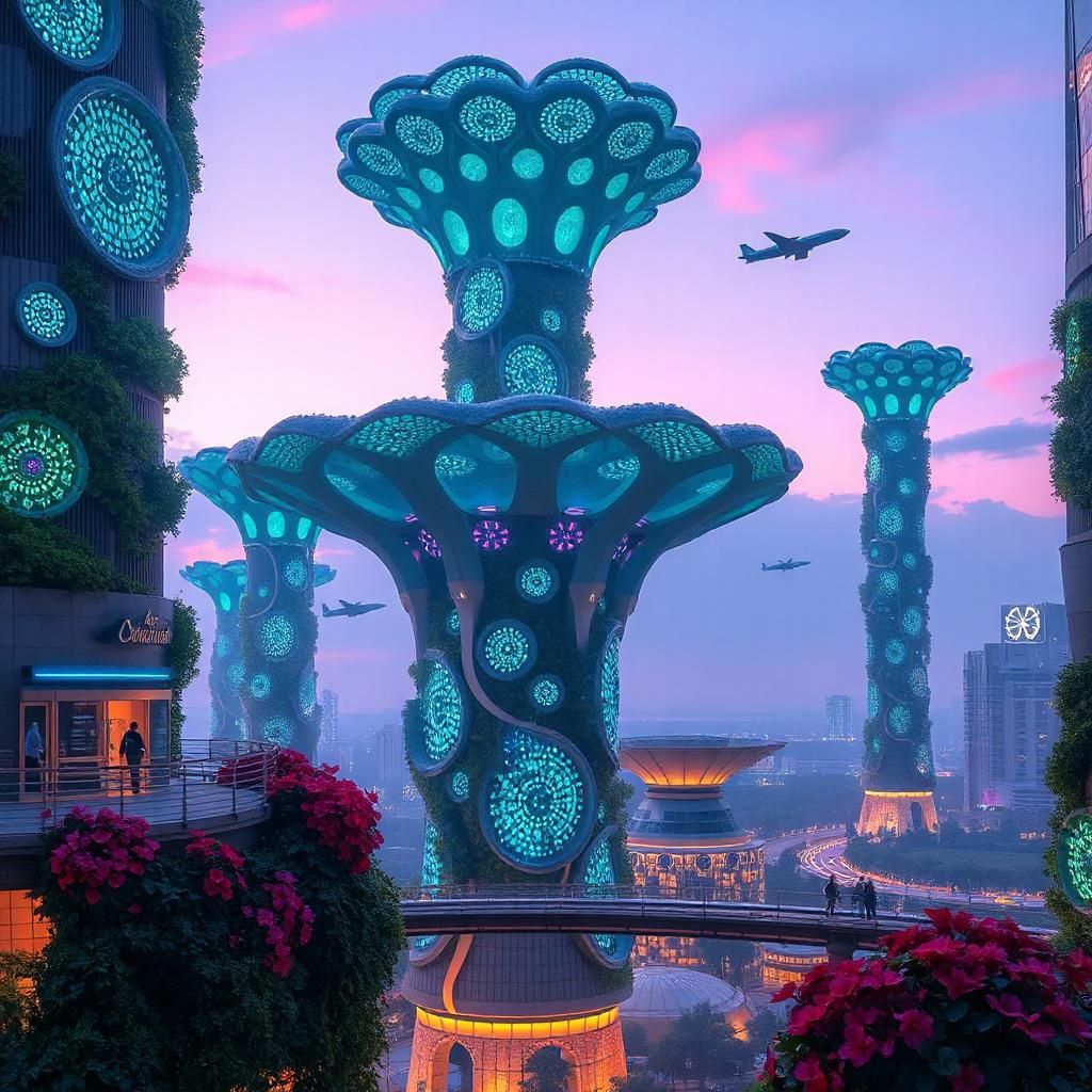 A sprawling, complex futuristic cityscape where towering skyscrapers resemble colossal mushrooms, with intricate fungal-inspired designs spiraling upwards. Each building features bioluminescent patterns glowing softly in a vivid array of blues and greens, intermingled with organic shapes and textures that mimic the natural world. The environment is bustling with activity, showcasing floating vehicles navigating the airways above, while lush, vertical gardens cascade down the sides of structures, teeming with vibrant flora. The atmosphere is alive with a sense of innovation and harmony, tinted by neon lights reflecting off sleek surfaces. The scene is bathed in a twilight ambiance, where the deep purples of the sky contrast beautifully with the glowing architecture, creating a sci-fi feel reminiscent of a hyper-realistic digital art piece.
