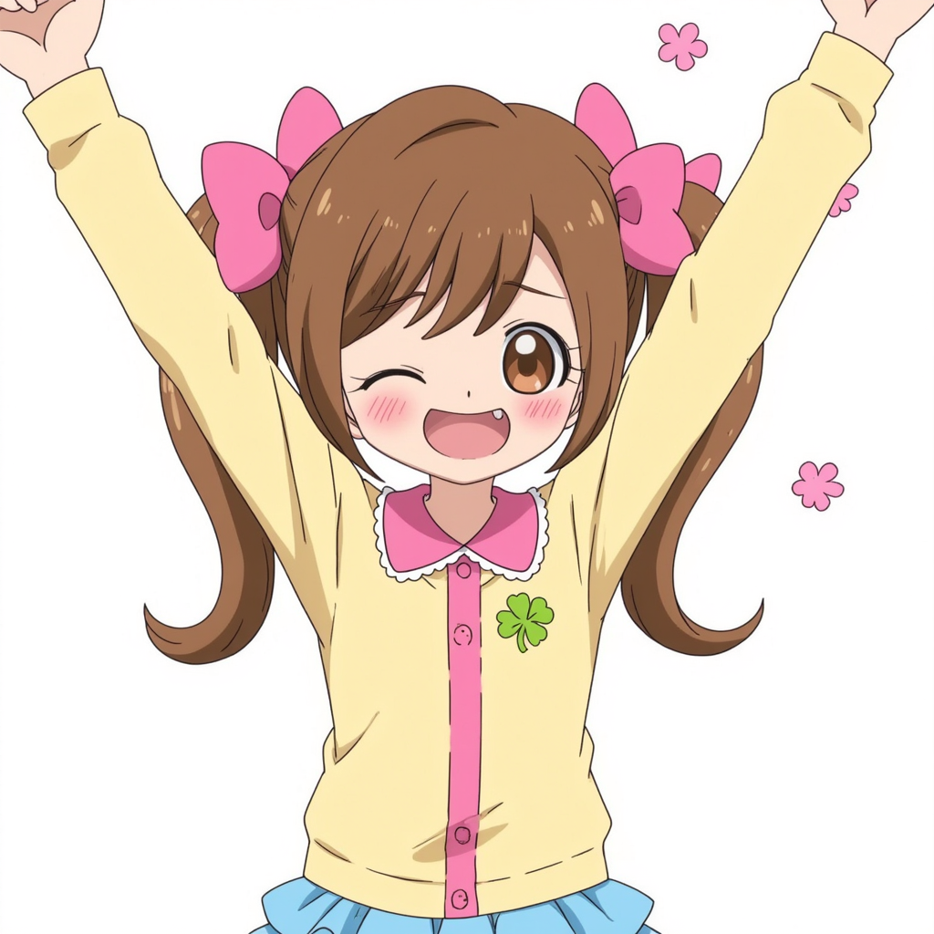 Kokoro Yotsuba , a cheerful anime character, is depicted with brown hair in pigtails adorned with pink bows. Her raising her arms, closing her eyes and smiling. Then, pink spots appear over her body from a disease, causing her smile to slowly turn into a frown. When she is facing the camera, she vomits on the screen and can be seen falling over while more spots appear on her. Her outfit includes a yellow sweater with a pink collar and a green clover emblem, a pink button strip, and a blue skirt. Her large brown eyes and open smile convey a joyful and lively expression. The background is simple, emphasizing her vibrant demeanor.
