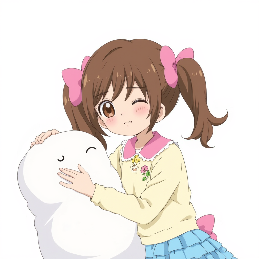 Kokoro Yotsuba  an anime-style character, is sleeping, her eyes closed. She has brown hair styled in twin ponytails with pink bows. Her large, expressive eyes match her hair color. She wears a cream-colored sweater with a pink collar over a blue skirt. The background is a simple white, with pillow on her head.