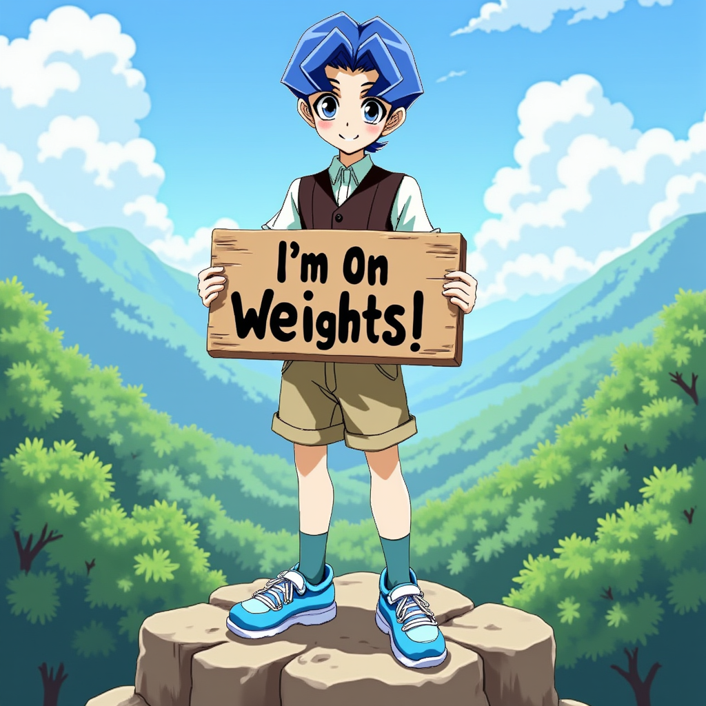 "Tate, a blue-haired anime-style character standing confidently on a rocky cliff with lush green hills and mountains in the background. He is holding a wooden sign reading 'I'm On Weights!' in bold text. Tate is dressed in a smart, casual outfit featuring a brown vest, white shirt, tan shorts, and blue sneakers paired with aquamarine socks.