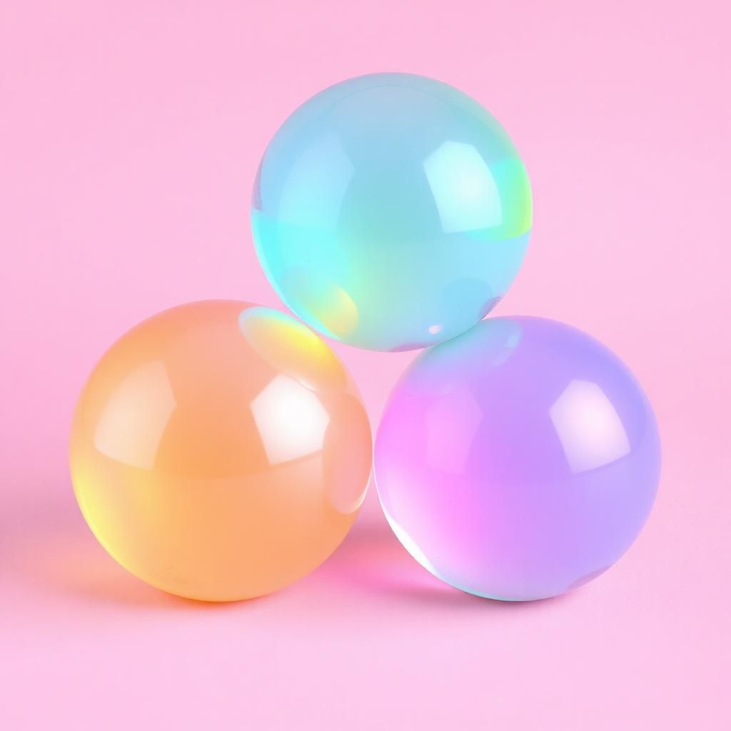 big iridescent pastel rainbow glass balls with a pink background