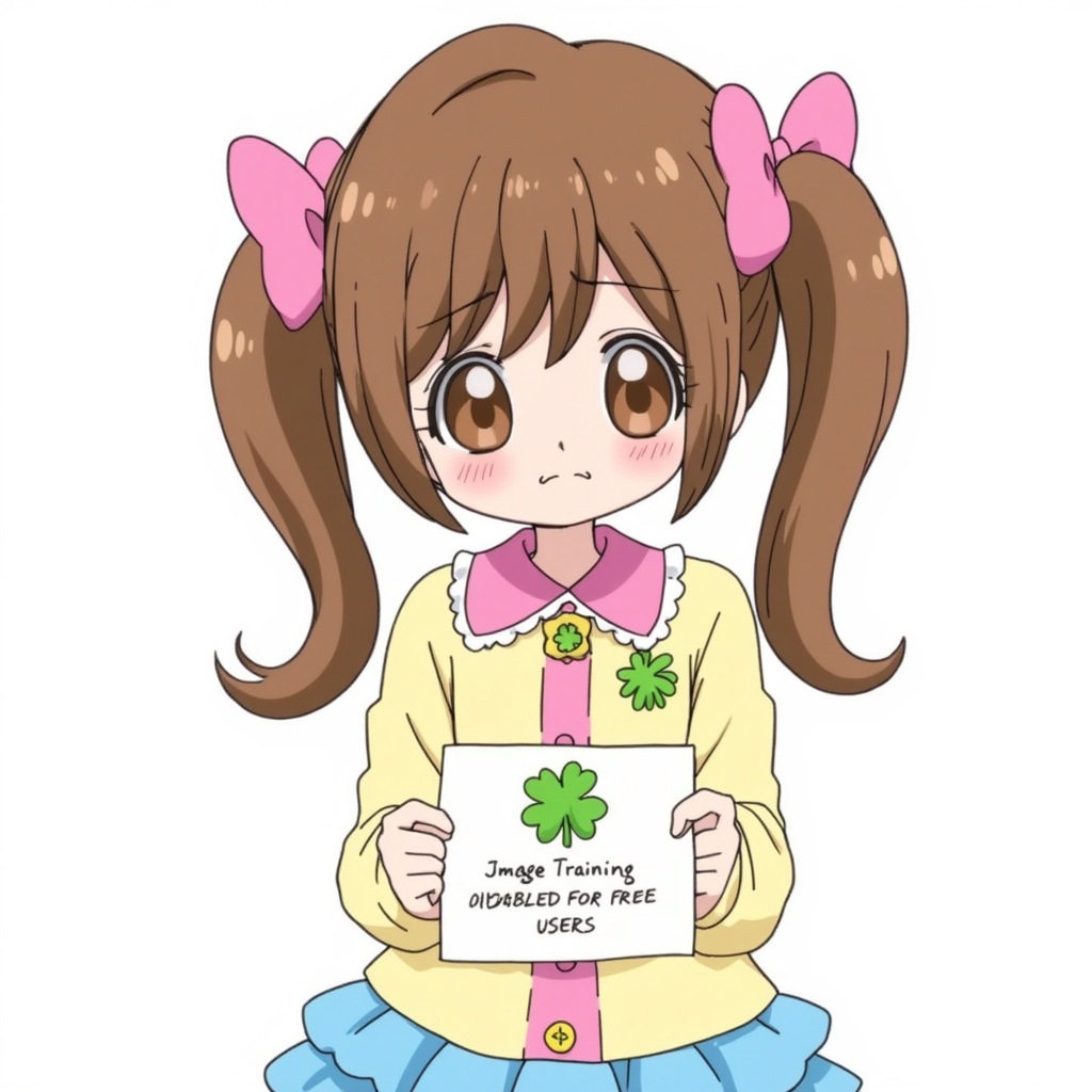 Kokoro Yotsuba: A cute anime character with brown pigtails and large brown eyes. She wears a yellow shirt with a pink collar and buttons, adorned with a green clover emblem. Her skirt is layered and blue, and she has pink bows in her hair. She is sad with a gentle expression. She holds the sign says "Image Training Temporarily Disabled for Free Users Due to Extreme Demand"