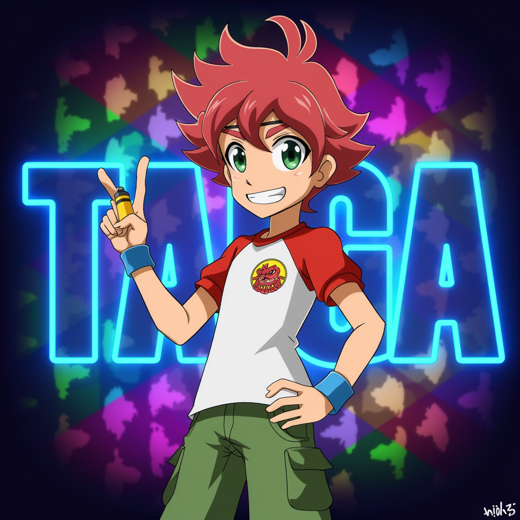 Taiga Akashi from "Puzzle & Dragons" stands against a vibrant checkered background of multicolored squares. He has messy red hair, large green eyes, and a determined expression. Taiga wears a red-and-white t-shirt featuring a dragon emblem, green cargo shorts, and a blue wristband. He holds a pen-like object confidently in his right hand, gesturing as if ready to take action. with big outlined blue neon text in dark background "TAIGA"