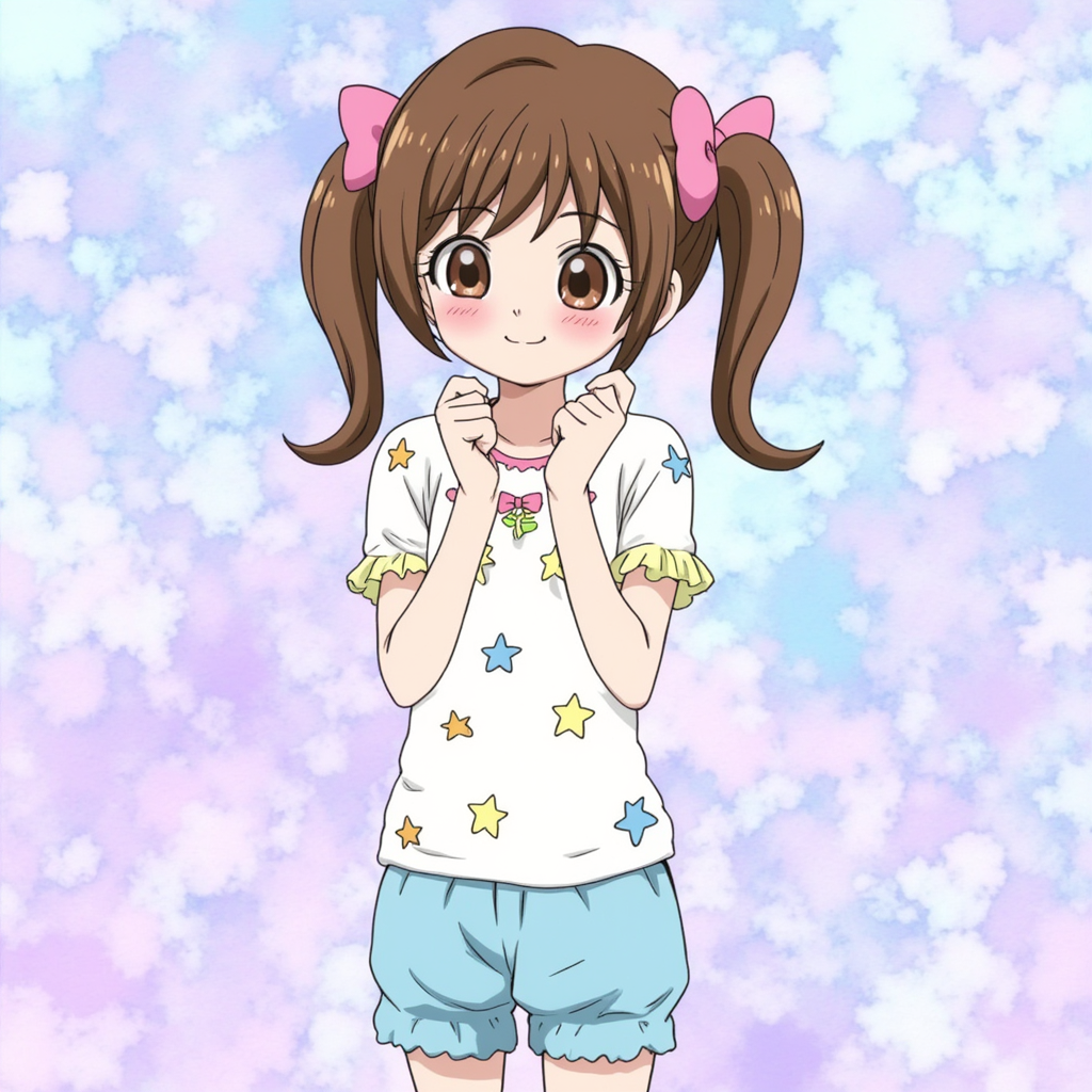 Kokoro Yotsuba in a casual outfit with a white shirt featuring multicolored stars and light blue shorts. She has brown hair tied in pigtails with pink bows. Her cheeks are flushed, and she appears to be a pastel marble stone texture pattern in an array of blue and purple colors background