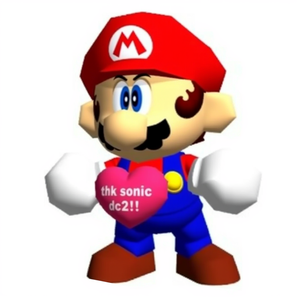 Funny Mario image: A cartoon-style depiction of Mario. He has a large nose, bushy mustache, and is wearing a red cap with the "M" logo, blue overalls, and brown shoes. His expression is serious, and his gloved hands are raised as if ready for action.He's holding a heart that has text saying: "thx sonic dc2!!!"