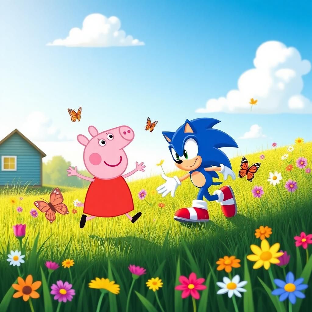 In a whimsical crossover scene, depict Peppa Pig, characterized by her round pink body and cheerful expression, with her trademark red dress, joyfully bouncing alongside Sonic the Hedgehog, who boasts his vibrant blue quills and signature red sneakers, wearing a confident grin. This lively encounter takes place in a colorful, sunlit meadow filled with vibrant green grass swaying in the gentle breeze, dotted with cheerful wildflowers in a kaleidoscope of colors. The atmosphere is playful and energetic, infused with a sense of adventure as they chase butterflies under a clear blue sky, with fluffy white clouds lazily drifting by. The lighting casts a warm golden hue across the scene, emphasizing the joyful spirit of friendship and fun. The artistic style is a blend of cartoonish charm and vibrant color saturation, creating a joyful, child-friendly illustration that captures the essence of both characters in a magical setting.