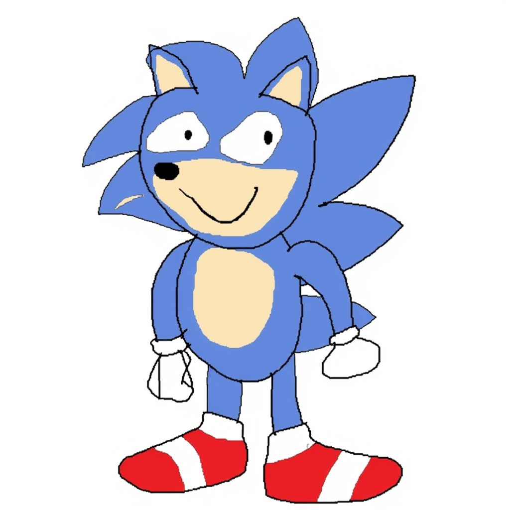 A crude, humorous Ms paint drawing of "Sanic," a satirical, poorly-drawn version of Sonic the Hedgehog. The character is depicted with exaggerated features, including uneven eyes, a misshapen body, and spiky blue "hair." It wears red shoes and white gloves while standing against a solid white background. The image conveys an intentionally low-quality, comedic style often associated with internet humor. Likely designed for use as a "Nextbot" PNG in games or meme contexts.