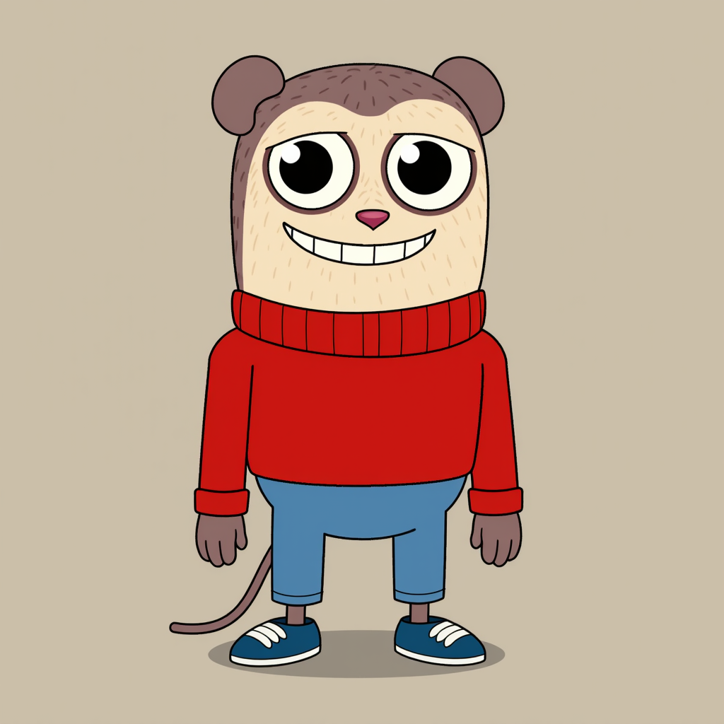 Max Design Pro: A cartoon character with large round eyes and a big smile. It has a round, animal-like face with small ears and a tail. The character is wearing a red turtleneck sweater, blue pants, and blue sneakers.