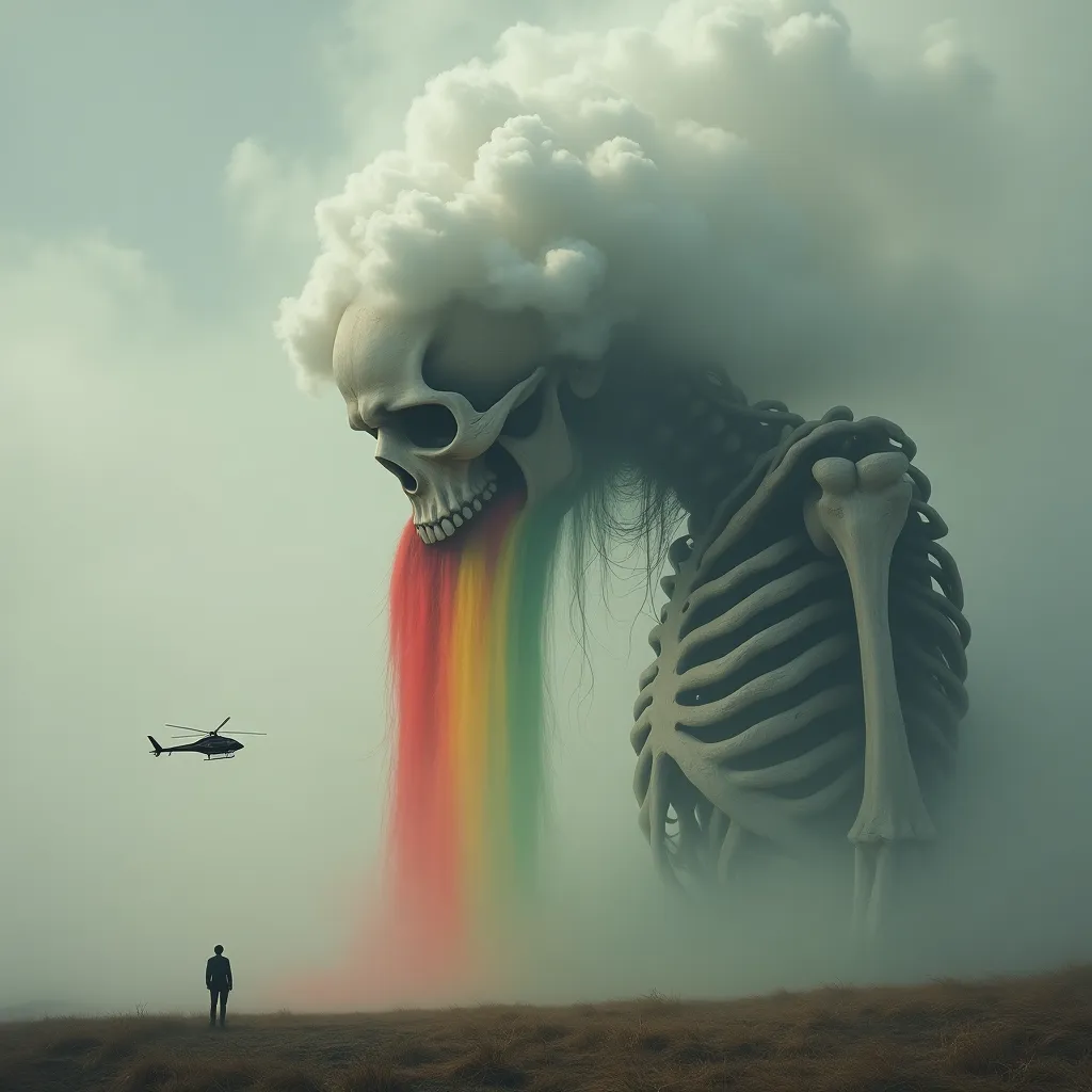 A gigantic, otherworldly skeletal figure towering over the landscape, its colossal form blending seamlessly with the dark gray-pinkish sanguine sky. Wispy, ethereal clouds form its hair, giving it a ghostly yet delicate presence. From its hollow skull, a vibrant, fluid rainbow cascades downward, touching the ground like a surreal waterfall of colors. The atmosphere is moody and cinematic, with soft, pastel tones, hazy lighting, and a dreamy, low-contrast aesthetic. A lone helicopter hovers beside the massive skeleton, emphasizing its immense scale. The entire composition exudes a delicate, melancholic beauty, with dramatic lighting and an artistic, masterpiece-like quality.