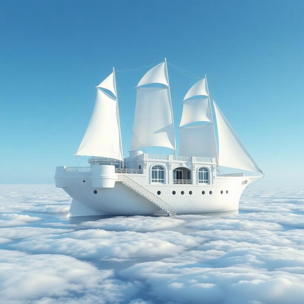 A surreal floating white mansion shaped like a grand sailing ship, made entirely of soft, marble-like material. Elegant curved staircases and classical windows blend seamlessly with fully extended sails, floating gently on a cloudlike ocean under a crisp blue sky.