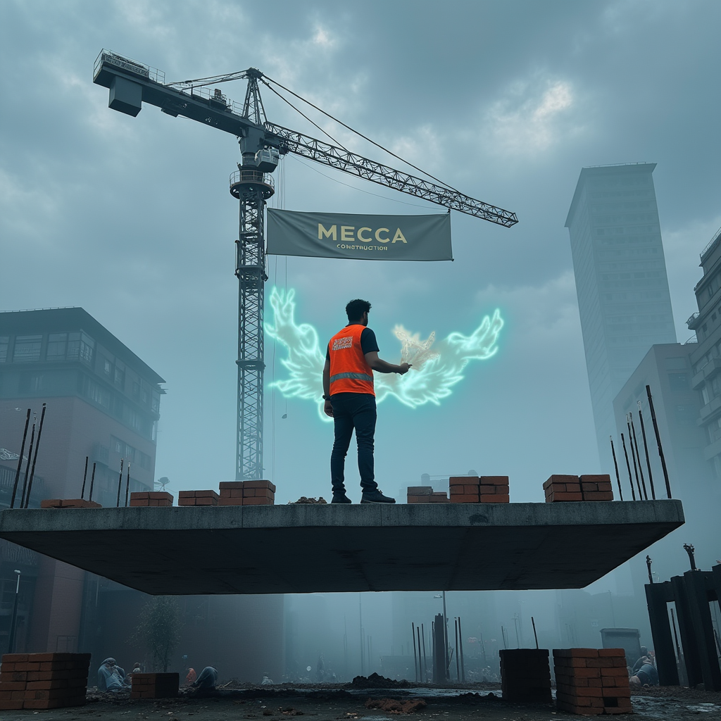 {
  "prompt": "A surreal, dreamlike construction site floating above a cloudy Manchester sky. Sabir stands on a concrete platform suspended in air, holding glowing blueprints. He wears a reflective vest and short-sleeve shirt with MECCA CONSTRUCTION logo. Around him: bricks levitate, steel beams float into place, and a ghostly crane moves above. A giant banner ripples in slow motion: 'Sabir Abu Mecca'. The scene is quiet but intense, like a construction dreamscape. Emphasize fantasy, symbolic layout, glowing lines, floating materials, and branded clothing.",
  "negative_prompt": "normal ground, no elevation, realistic setting, no symbolism, dark style, flat layout"
}