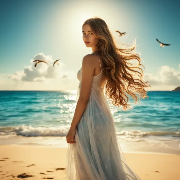 A serene beach scene featuring a graceful young woman with sun-kissed skin and flowing, wavy chestnut hair gently tousled by a warm ocean breeze. She wears a delicate, light blue sundress that dances around her knees, adorned with subtle floral patterns. In the background, soft waves lap against pristine white sands, while the sun dips low on the horizon, casting a warm golden glow over the landscape. The sky is a stunning gradient of oranges, pinks, and purples, reflecting on the surface of the tranquil water. Seagulls glide effortlessly above, enhancing the sense of peace and freedom. The atmosphere is joyous and relaxed, inviting viewers to feel the gentle sand beneath their toes. The artistic style is vibrant and dreamy, resembling an impressionist painting filled with soft brush strokes and warm, inviting colors.
