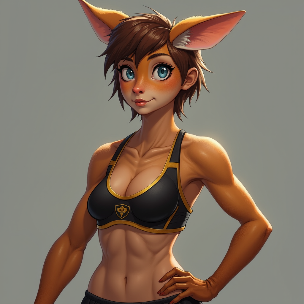 a muscular female anthropomorphic kangaroo with short scruffy brown hair and blue eyes in a black and gold sports bra and shorts