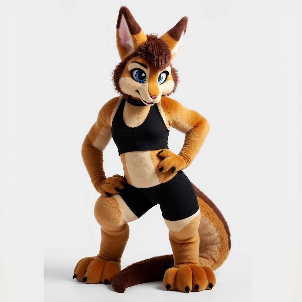fursuit, fluffy body, furry costume, furry a muscular female anthropomorphic kangaroo with short scruffy brown hair and blue eyes wearing a black sports bra and matching shorts
