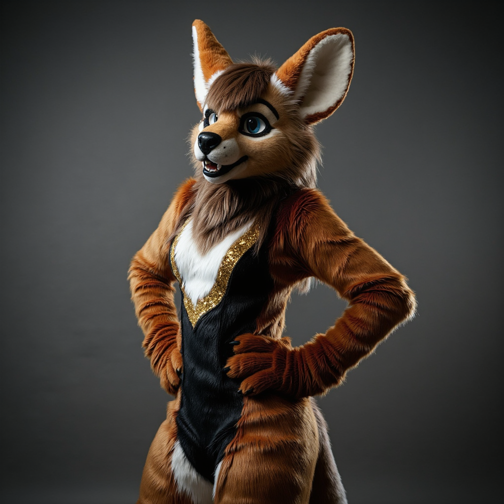 fursuit A muscular female anthropomorphic kangaroo with short scruffy brown hair and blue eyes wearing a black and gold wrestling costume.
