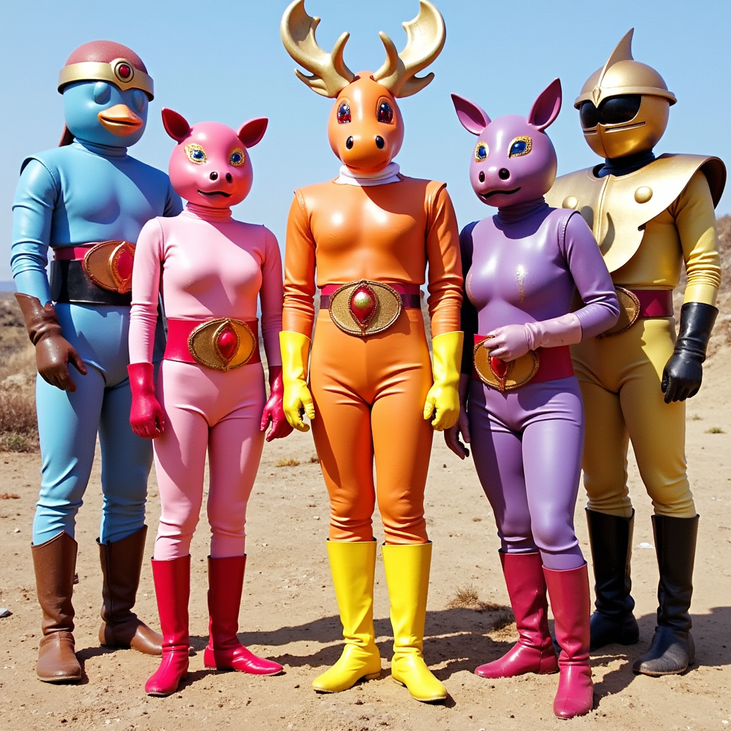 Showa Tokusatsu  Showa Tokusatsu heroes, Beast Helmets, Blue Penguin Male Warrior, Orange Moose Male Warrior, Unique Pink Creature Female Warrior, Yellow Hippopotamus Female Warrior, Purple Kangaroo Male Warrior, Gold Armored, grand total Five Warriors