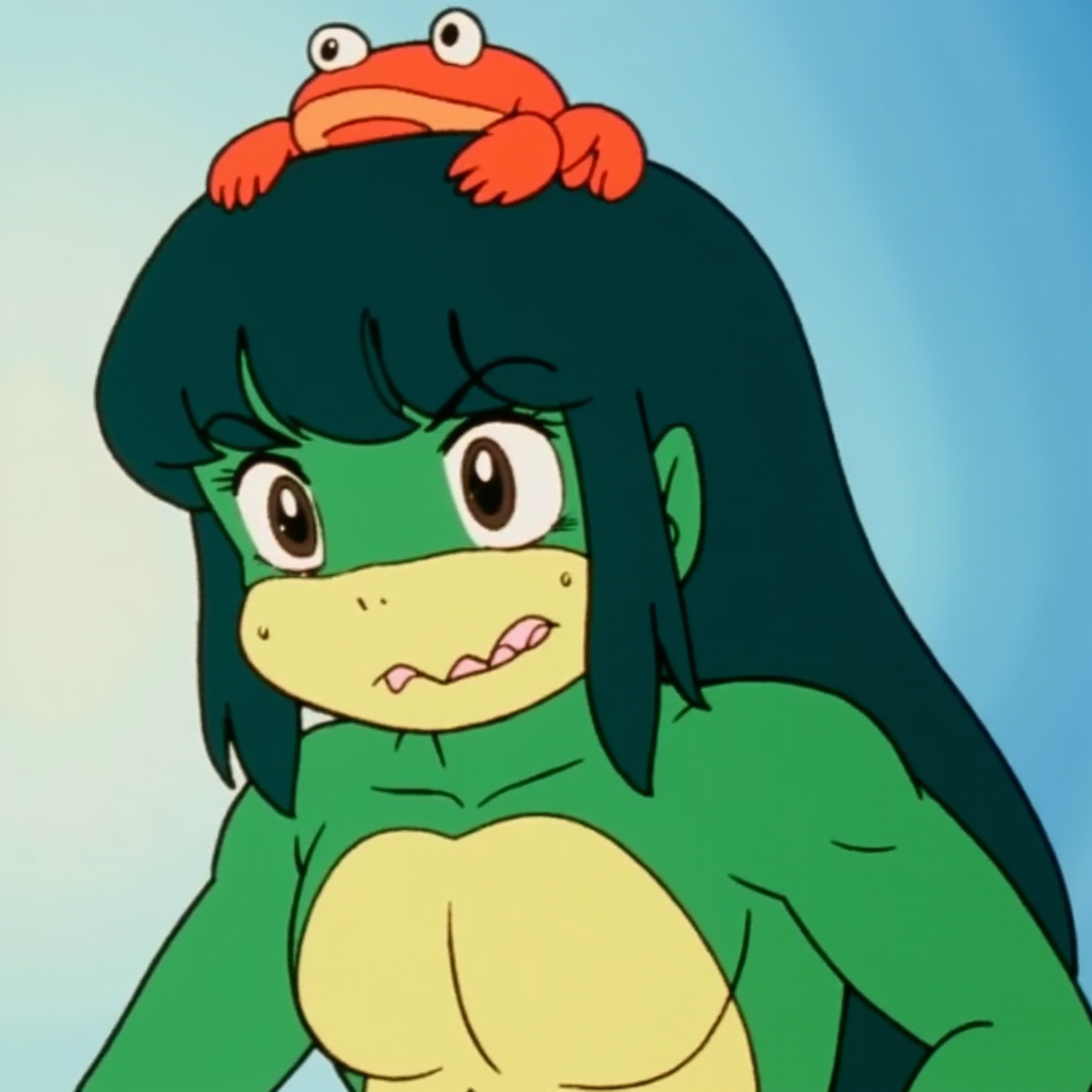 in the style of Urusei Yatsura (1981) A cute anime-style muscular green-skinned female fish-like humanoid. She has brown eyes and sharp teeth. Her long dark green hair resembles a clump of seaweed. She also has a crab companion resting on top of her head.