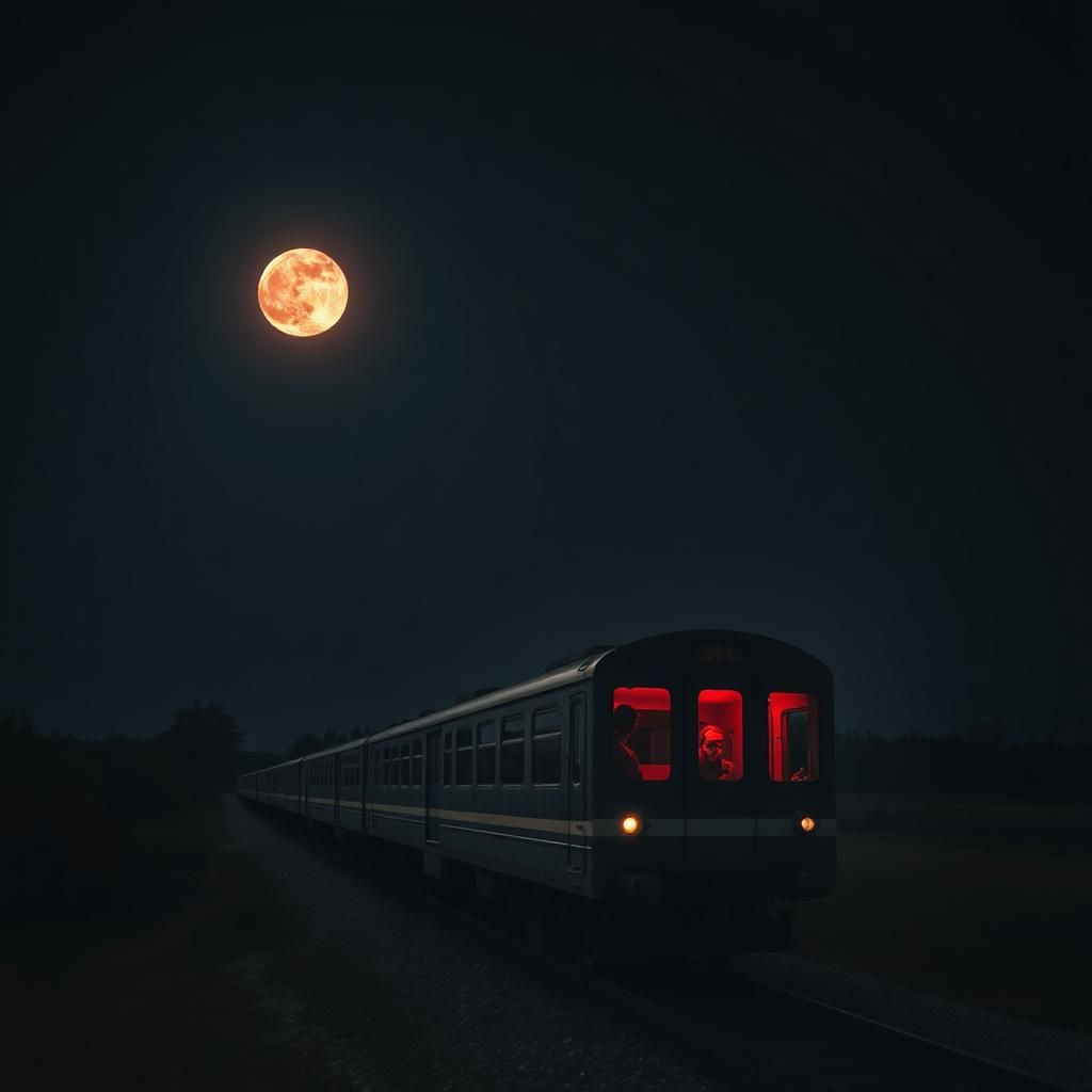 A surreal midnight train traveling under a dramatic blood moon, dark sky, glowing red moonlight, mysterious atmosphere