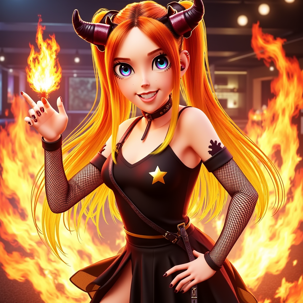 A colorful illustration of a SamsungSam with orange and yellow hair, adorned with black horns. She wears a black dress decorated with a star and a skirt, fishnet sleeves, and and she grins mischievously amid swirling flames in the background. The artwork has a aesthetic.