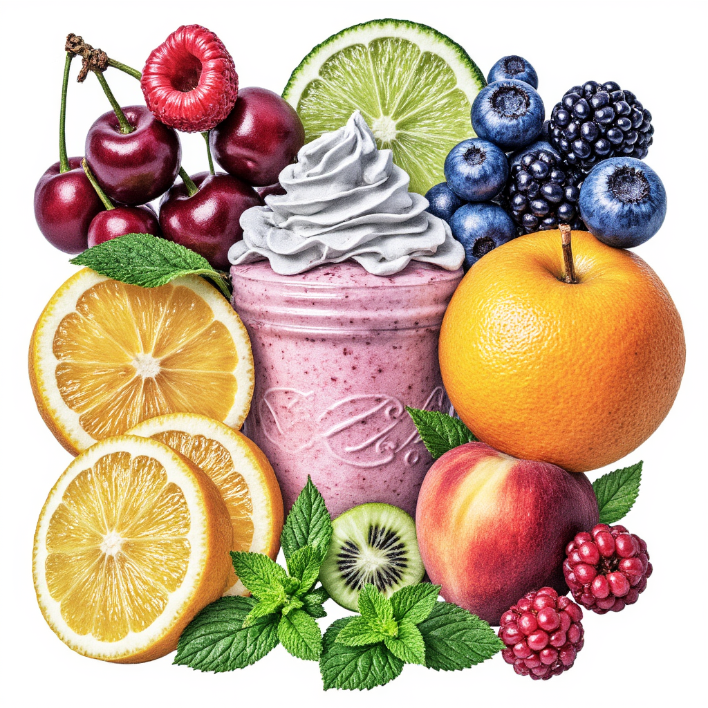 Raspberry, lemon, lime, cherry, blueberry, kiwi, orange, green-apple, strawberry, mint, lavender, mango, peach, plum, silver, blackberry
