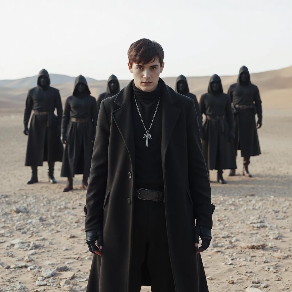 @﮼هاتريك🦂🖤:A young man with short dark hair and sharp features, wearing a long black coat over an all-black outfit, standing in the center of a barren desert landscape. Behind him, six mysterious hooded figures