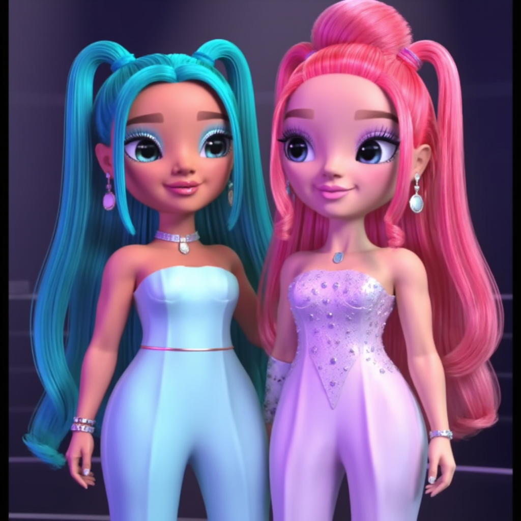 standing together in a glamorous scene. Blu Brooks is dressed in a sleek, strapless, light blue jumpsuit with matching long turquoise hair styled in voluminous pigtails. She accessorizes with circular earrings, a choker, and bracelet. Pinkly Paige wears an elegant pastel pink ballgown adorned with sparkling details and a structured bodice. Her bright pink hair is styled in an intricate updo. Both characters exude sophistication and stand under dramatic lighting, emphasizing their bold colors and stylish outfits. CGI Images