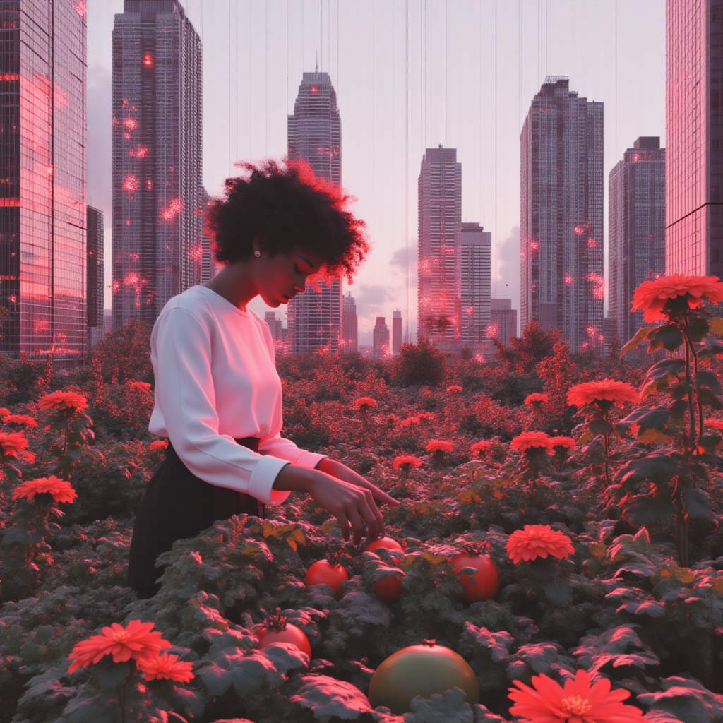 In the heart of a bustling cityscape, a young person with vibrant, curly hair bends over a flourishing rooftop garden, their fingers gently tending to an array of colorful vegetables and aromatic flowers. The garden bursts with life, featuring ripe tomatoes, leafy greens, and bright marigolds interspersed among twinkling string lights that add a magical touch to the scene. As the sun sets, it casts a warm golden glow over the garden, illuminating the sleek silhouettes of towering skyscrapers in the background, which reflect hues of orange and pink in their glass windows. The atmosphere is serene and idyllic amidst the urban rush, evoking a sense of tranquility and connection to nature. This artwork evokes a hyper-realistic style, emphasizing the intricate details of both the plants and the urban environment, creating a captivating juxtaposition of nature and modernity.