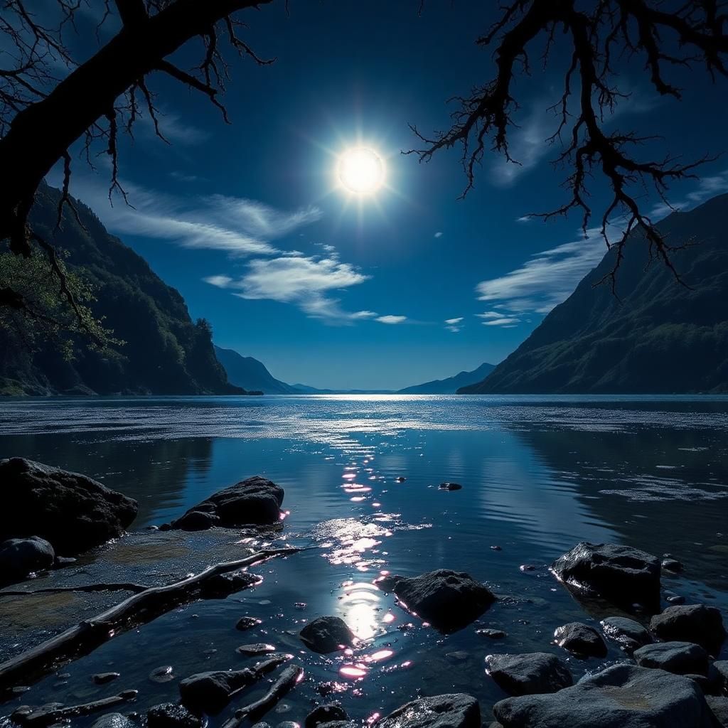 Epic Scene, sparkling magical cosmic moonlit lake, macabre, triadic colors, 4K, 3Delight, detailed, magical, ultra sharp focus, HDR, incredible details, crystal clear, filigree, dramatic lighting, extreme contrast, sparkling, shimmering, cosmic, fantasy, elegant, hypermaximalist