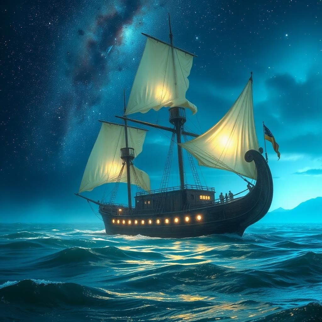 A massive, ethereal ghost ship sailing through a glowing, misty ocean under a star-filled night sky. The ship has tall masts with tattered sails that appear almost transparent, like strands of shimmering energy, gently swaying in the breeze. The hull of the ship is aged and dark, with faint, golden lights glowing from within, casting a soft, eerie light onto the ship and the surrounding water. The ocean is not typical; the waves have a mystical glow, with sparkling highlights that give the scene an otherworldly, magical feel. The sky above is filled with distant galaxies, nebulae, and stars, creating a cosmic backdrop. The scene is bathed in cool blue and turquoise hues, with soft glowing edges that make the ship appear to be floating between the realms of reality and fantasy. The overall style blends fantasy realism with a dreamlike, otherworldly quality, emphasizing the surreal beauty of the ship and its mystical surroundings