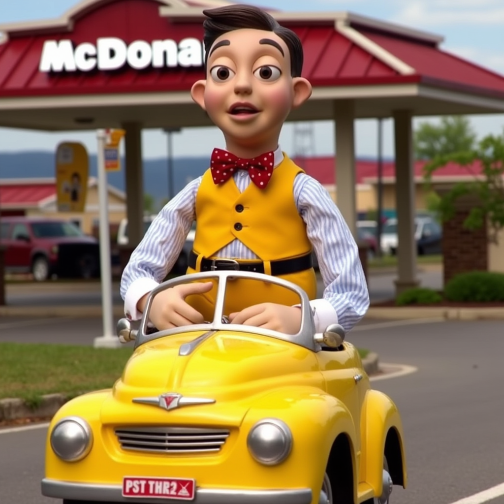 Stingy is a very tall toy like character who wears a yellow vest and shorts, a blue and white striped shirt, and a red polka dot bow tie. He has a belt. His hair is slicked back, and he is wearing black shoes with white socks. In his yellow car at McDonald's