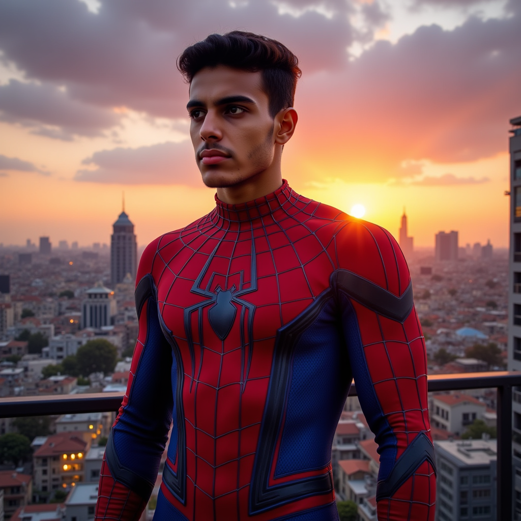 a hyper-realistic 4k image of a 20-year-old Egyptian man, 170 cm tall, wearing a detailed Spider-Man suit with vibrant red and blue colors, face fully visible without the mask, neatly styled hair combed back with a side part, confident expression, standing in a dynamic superhero pose on top of a tall skyscraper overlooking a modern city at sunset, dramatic sky with orange and purple hues, ultra detailed textures on the suit and face, cinematic lighting and intense atmosphere