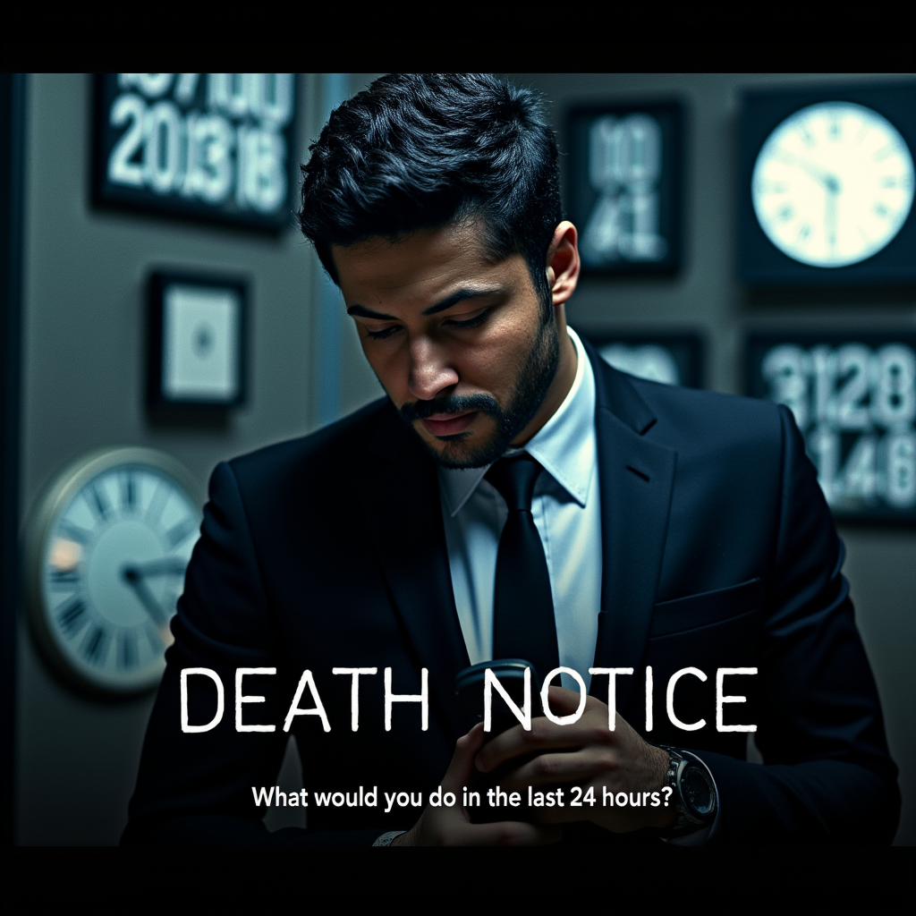 This mysterious image is a poster for the film. It shows a focused young man in a suit, holding his phone and looking down, waiting for an important call. Behind him are blurry images of clocks and numbers. The text on the poster includes the title "Death Notice" and the English phrase "What would you do in the last 24 hours?"