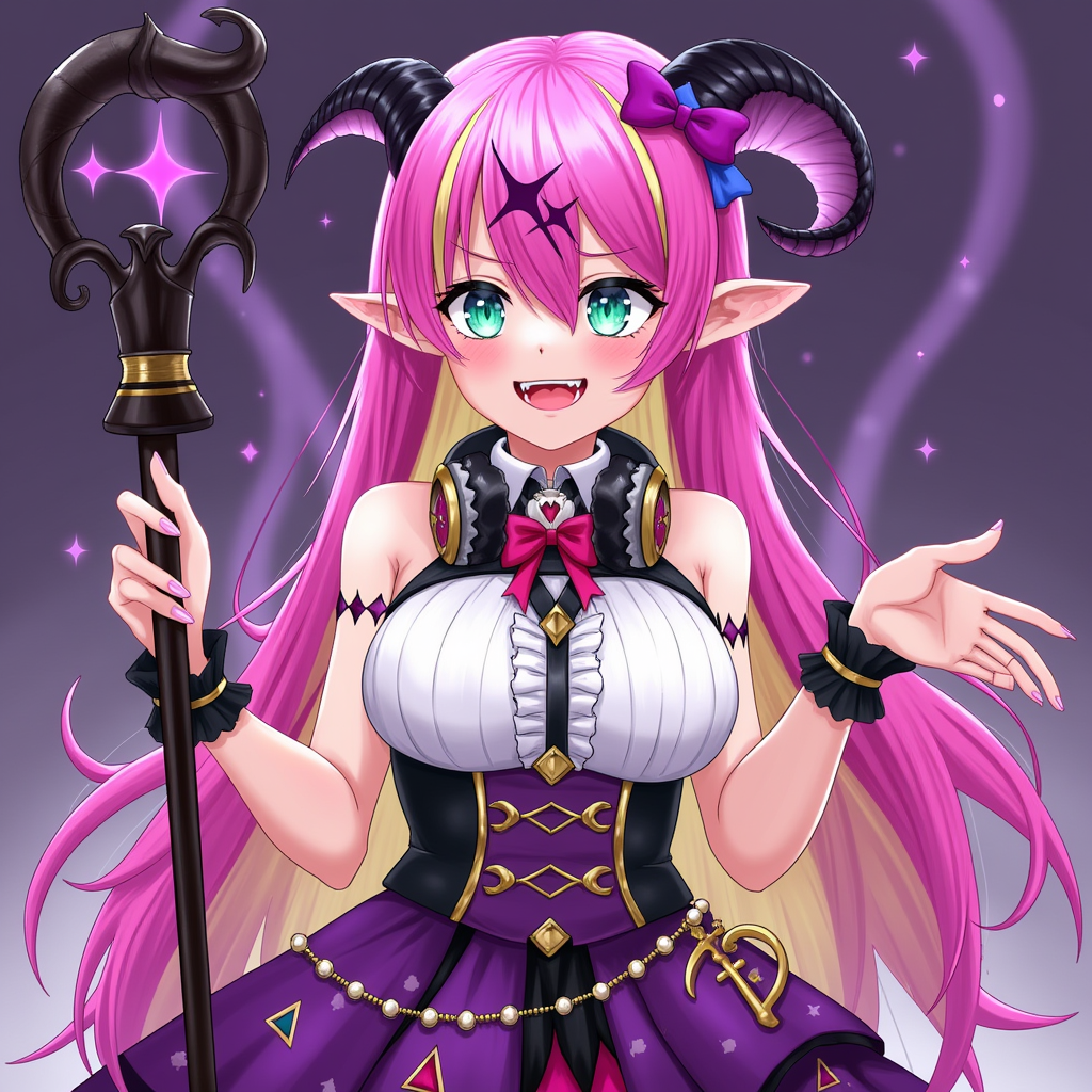 Mano Aloe depicted as an anime-style character with vibrant pink hair adorned with bows and black horns. She wears a detailed outfit featuring a white ruffled top, black accents, and a purple skirt embellished with triangles and pearl-like chains. Her design includes elf-like ears and a mysterious black staff with purple accents in the background, creating a magical and gothic aesthetic. The image is set against a softly lit purple background, enhancing the fantastical atmosphere.