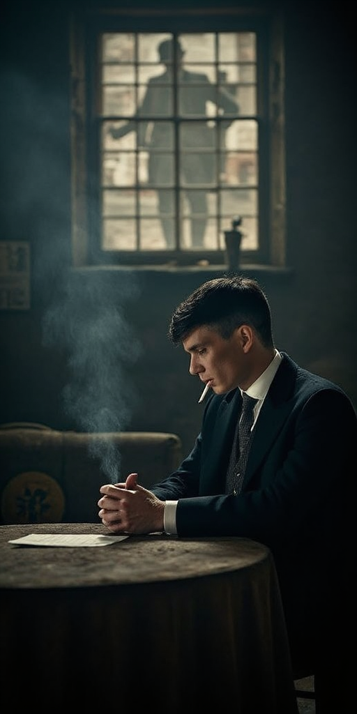 Tommy Shelby sits calmly at a negotiation table in a dimly lit warehouse, cigarette in hand, piercing gaze locked on the viewer. Behind him, a faint outline of a barrel with a grenade symbol and a shadowy figure outside a dusty window holding a detonator.
Across from Tommy, Alfie Solomons is mid-expression—caught between rage and realization.
Style & Mood:
•Gritty, cinematic noir filter
•Muted color palette (deep browns, greys, and shadowy blues)
•Subtle smoke effect around Tommy
•High-contrast lighting on Tommy’s face (symbolizing control)
Text Overlay (bold, short phrases):
 "Calculated Power."
 “35%… or BOOM.”
Font Style:
•Bold serif or vintage typewriter font
•Yellow or red highlight for “BOOM”
•Drop shadow for depth