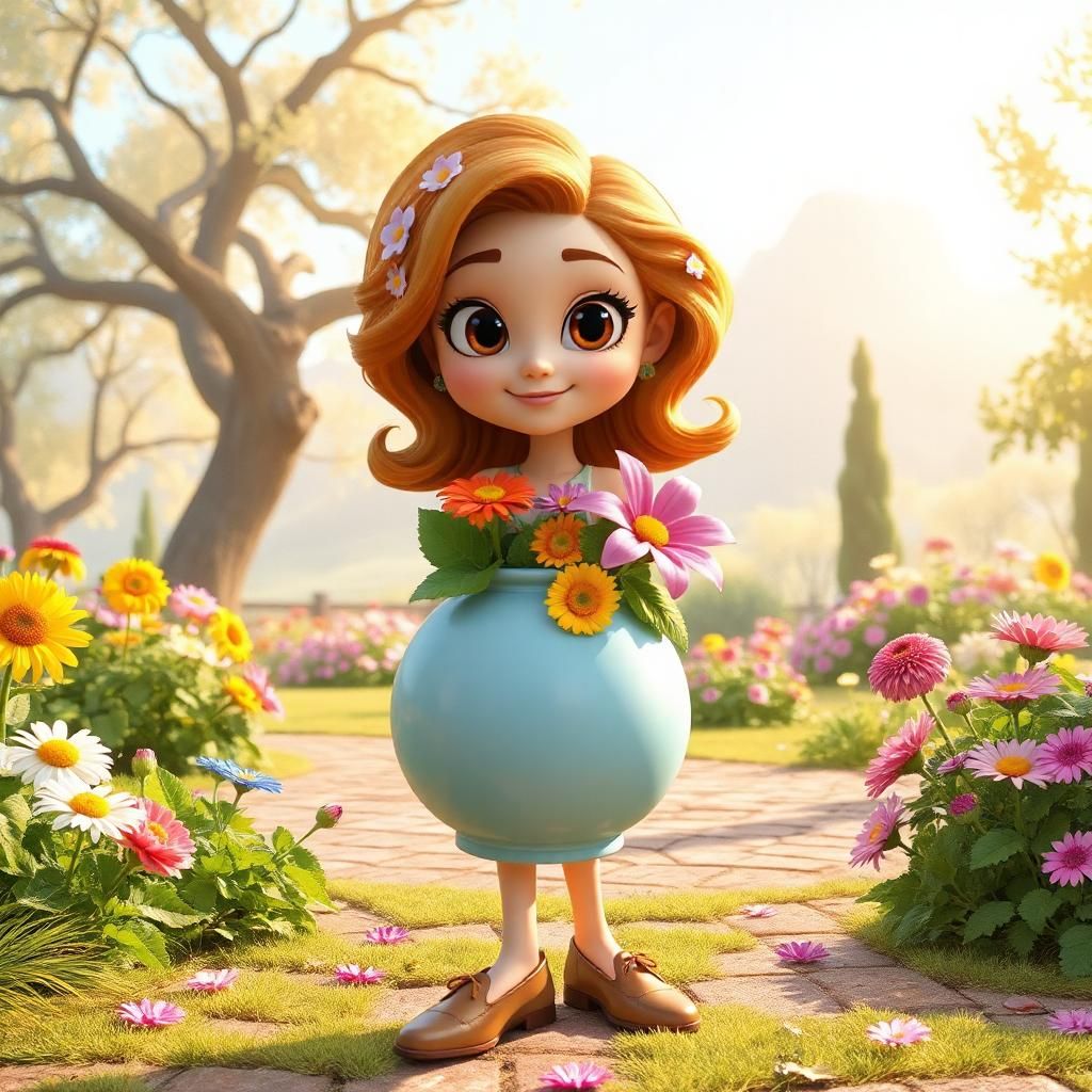 A vibrant cartoon character in her 20s, with oversized expressive eyes and a playful grin, stands confidently. She has wavy, colorful hair cascading down her shoulders, adorned with tiny blooming flowers. Her unique dress is a whimsical flower vase, polished and shiny, filled with a variety of bright, colorful blooms spilling out from the top. Her shoes, creatively designed as oversized daisies, bloom at her feet, adding a touch of fantasy to her look. The setting is a sunny, magical garden filled with an array of fantastically oversized plants and flowers that seem to dance in the gentle breeze. The atmosphere is light-hearted and cheerful, radiating joy and whimsy, with a spectrum of vibrant pastels saturating the scene. Soft, golden sunlight filters through the trees, casting playful shadows on the ground, enhancing the colorful details of the character and her floral attire. The artistic style is bright and stylized, reminiscent of a modern animated film, highlighting the character's larger-than-life personality and imaginative outfit.