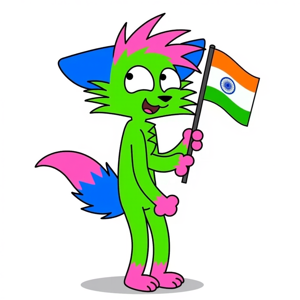 A cartoon depiction of "Kevin (nyanwolf)", featuring a vibrant anthropomorphic wolf with a green body, pink spiky hair, hands, feet, and the tip of the tail. The middle section of the tail and ears are bold blue. Kevin has wide, expressive white eyes and a small black nose. It's very tall and skinny. It's smiling. Fullbody. It's outlined in black. It's outline is thin. It's arms and legs are long. It only has 3 fingers. holding a israel and india flag