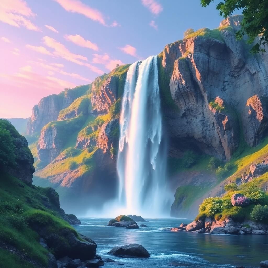 cyber pastel art with beautiful waterfall