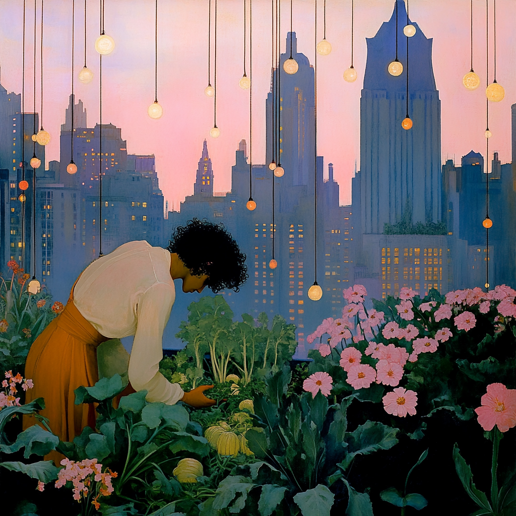 A person with curly hair tending to a lush rooftop garden in a dense cityscape, surrounded by vegetables, flowers, and string lights, with skyscrapers in the background catching sunset light
