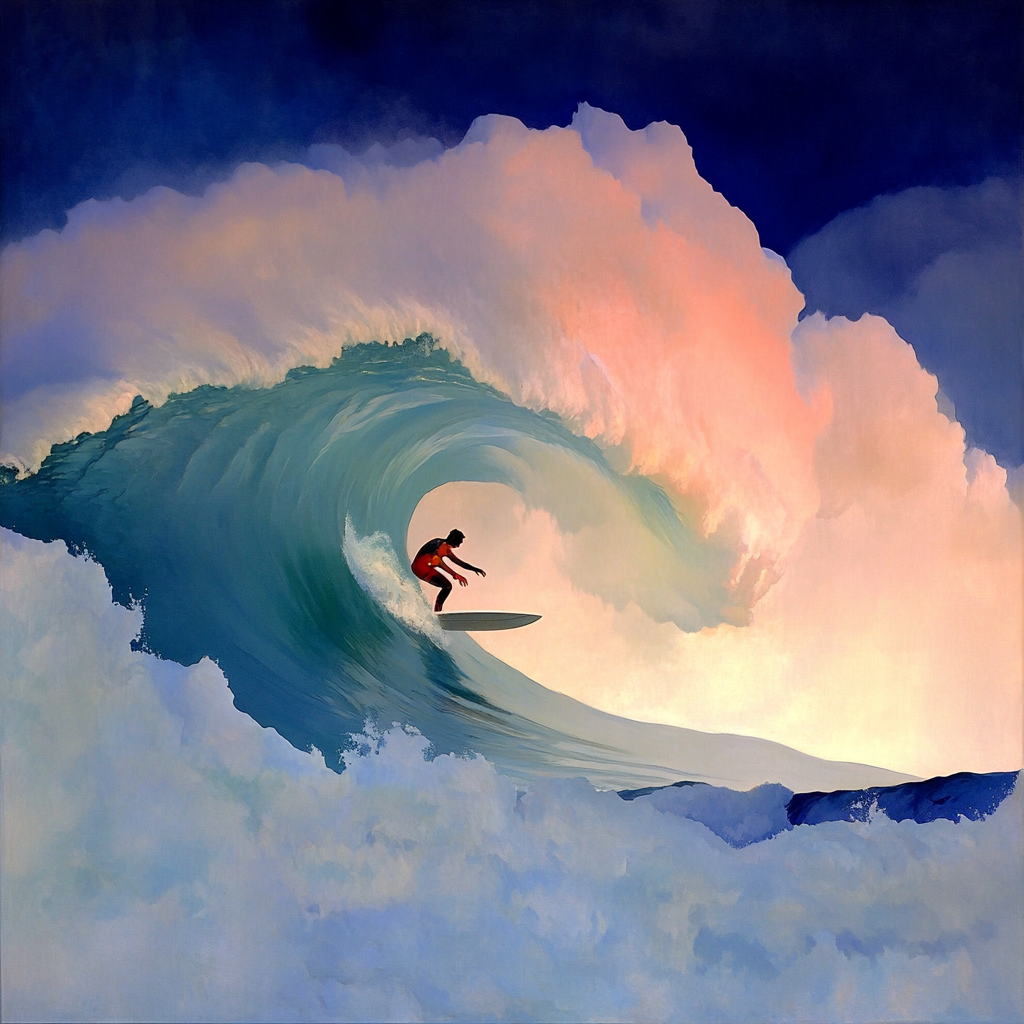 A surfer riding an enormous wave, suspended in perfect balance as the massive curl of water forms a tunnel around them, with ocean spray catching sunlight