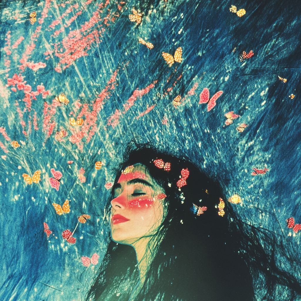 A person with luminous eyes and flowing hair immersed in glowing butterflies and flower petals, half in shadow and half in golden light, with an expression of wonder