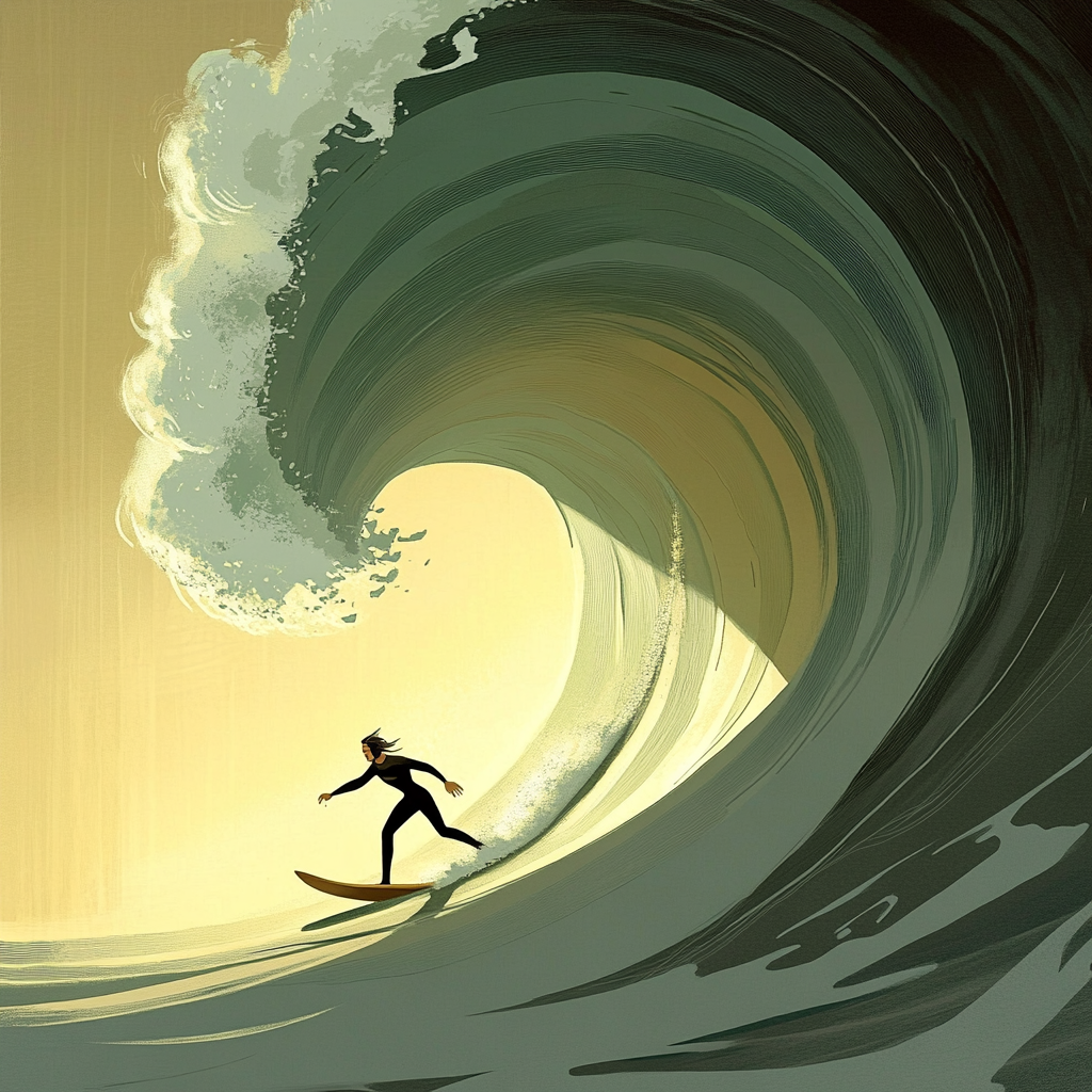 A surfer riding an enormous wave, suspended in perfect balance as the massive curl of water forms a tunnel around them, with ocean spray catching sunlight