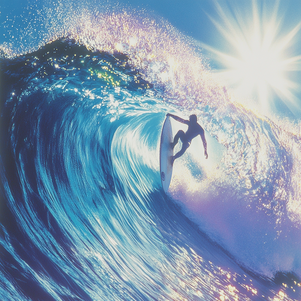 A surfer riding an enormous wave, suspended in perfect balance as the massive curl of water forms a tunnel around them, with ocean spray catching sunlight